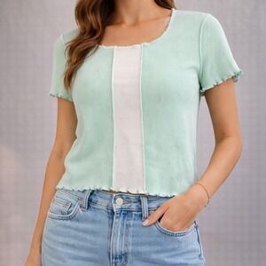 Aeropostale Baby Tee Womens M Mint Green Lettuce Trim Ribbed Crop Y2K 90s Top